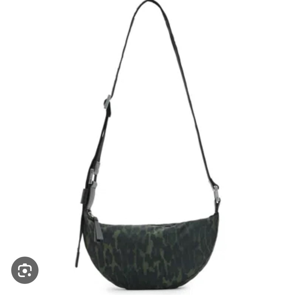 AllSaints Half Moon Crossbody bag in green leopard print